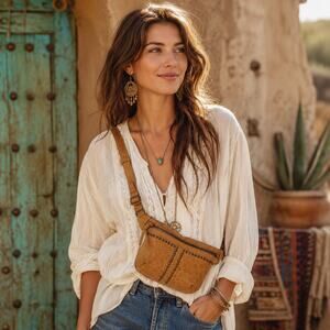 Sundance Leather Rivet Crossbody Shoulder Belt Bag Tan Textured Leather Boho